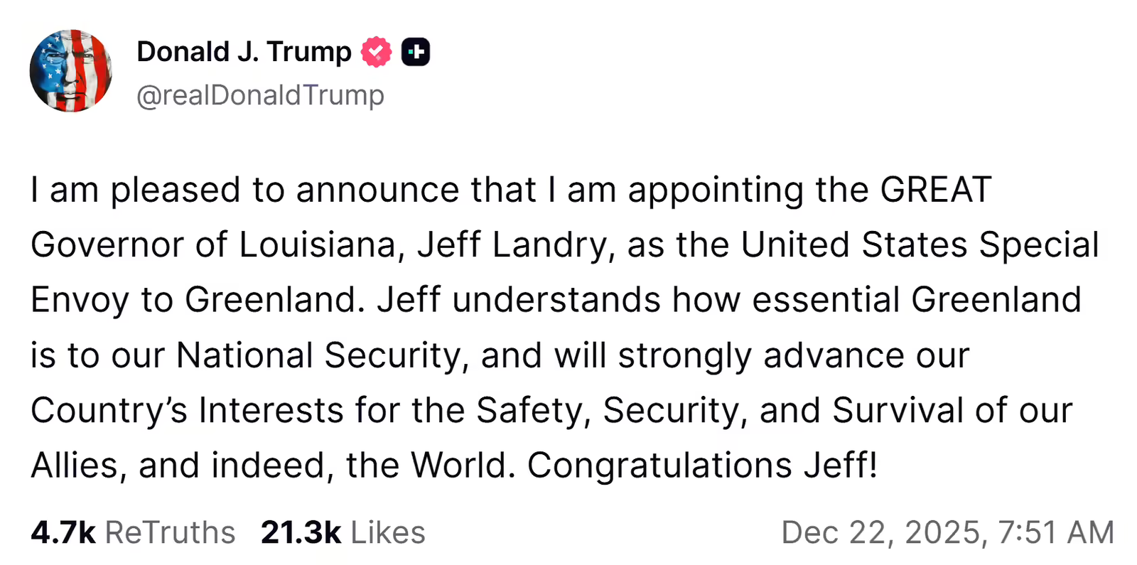 Trump's Truth post for envoy