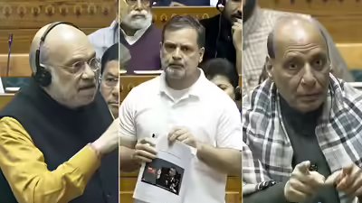Amit Shah, Rahul Gandhi (C) and Rajnath Singh (R) Rahul Gandhi vs Amit Shah, Rajnath Singh: Parliament showdown over ex-Army chief Naravane memoir — how it unfolded